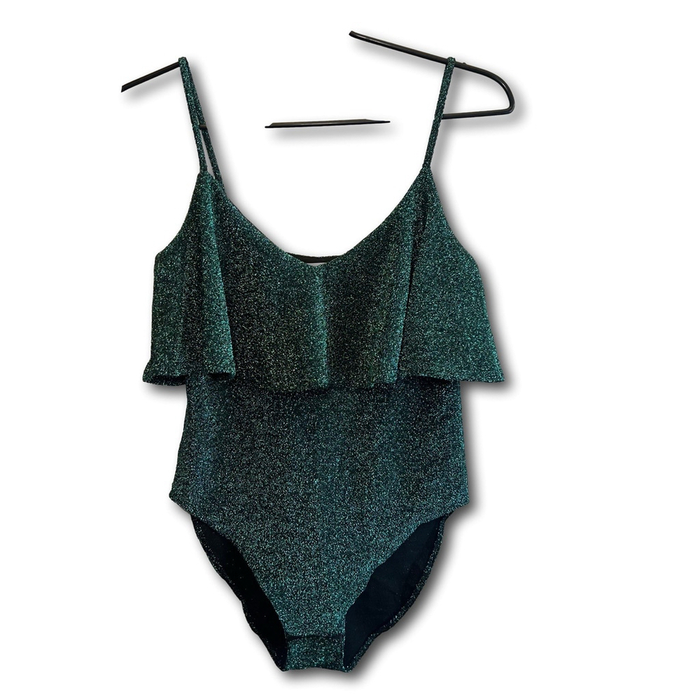 Zara Green Knit Sparkle Ruffle Tank Top Bodysuit Woman’s Small - Picture 1 of 12
